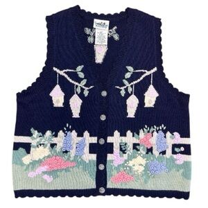 Vintage Navy Button Up Sweater Vest Knit 3D Embroidered Floral Bird House Size L